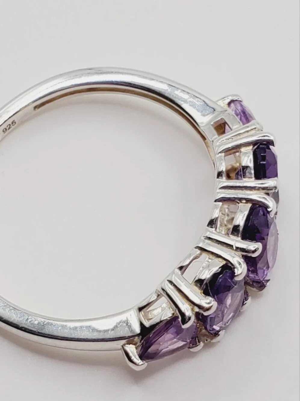 Oval & Trillion Genuine Purple Amethyst Five Stone Ring In 925 Sterling Silver